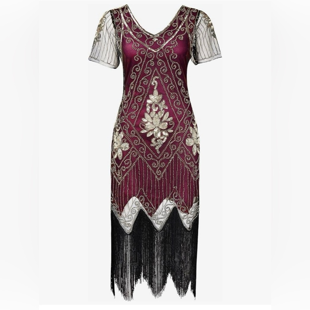 Flapper 1920s Costume Dress Burgundy and Silver Embellished